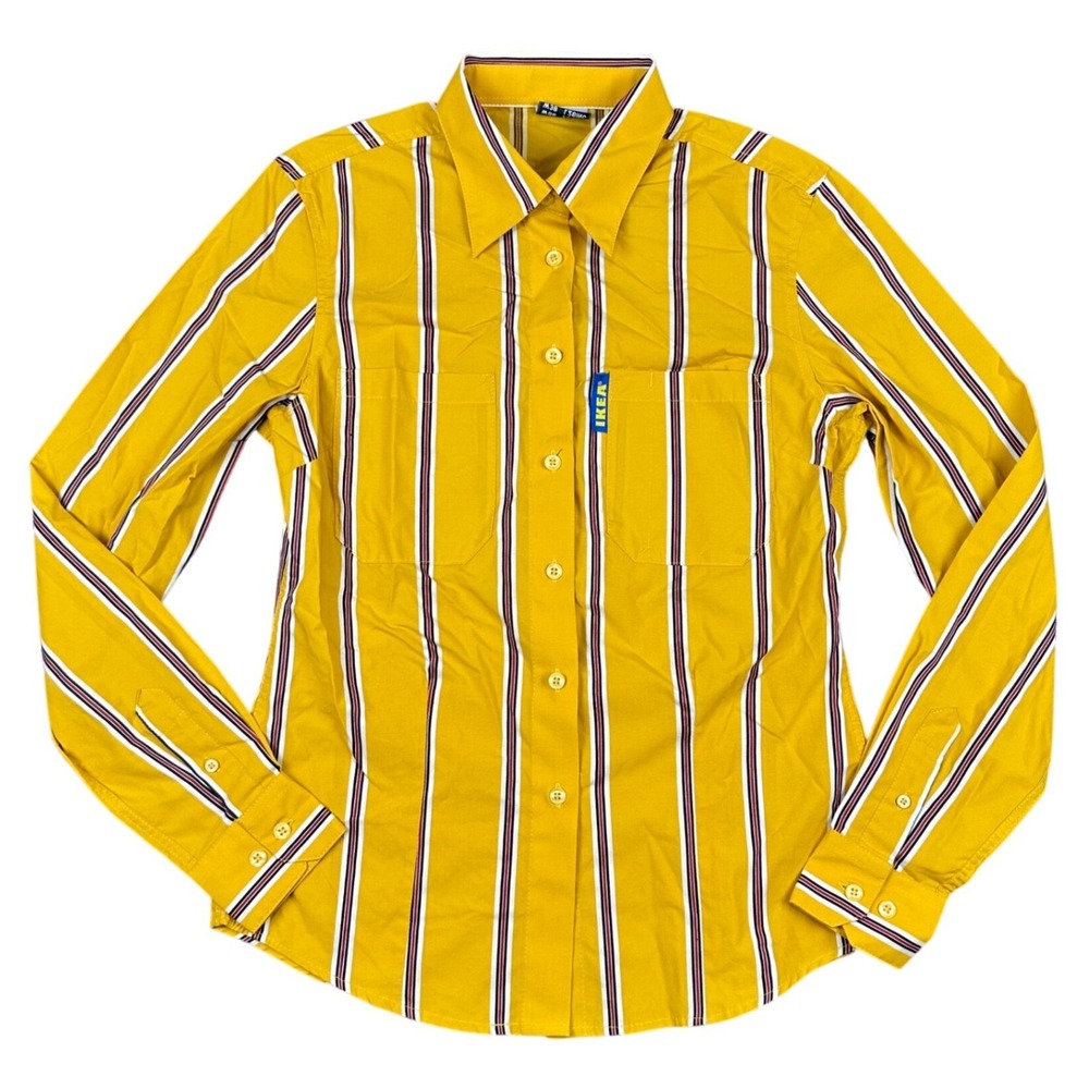 IKEA Employee Striped Button Down Shirt Womens Medium Yellow White Logo‎